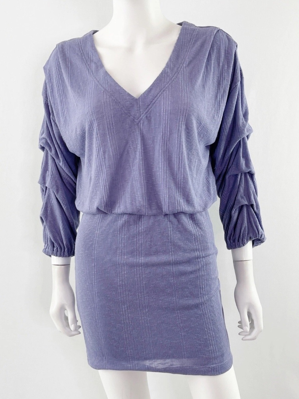 Free People Lavender V-Neck Ruched Sleeve Mini Dress